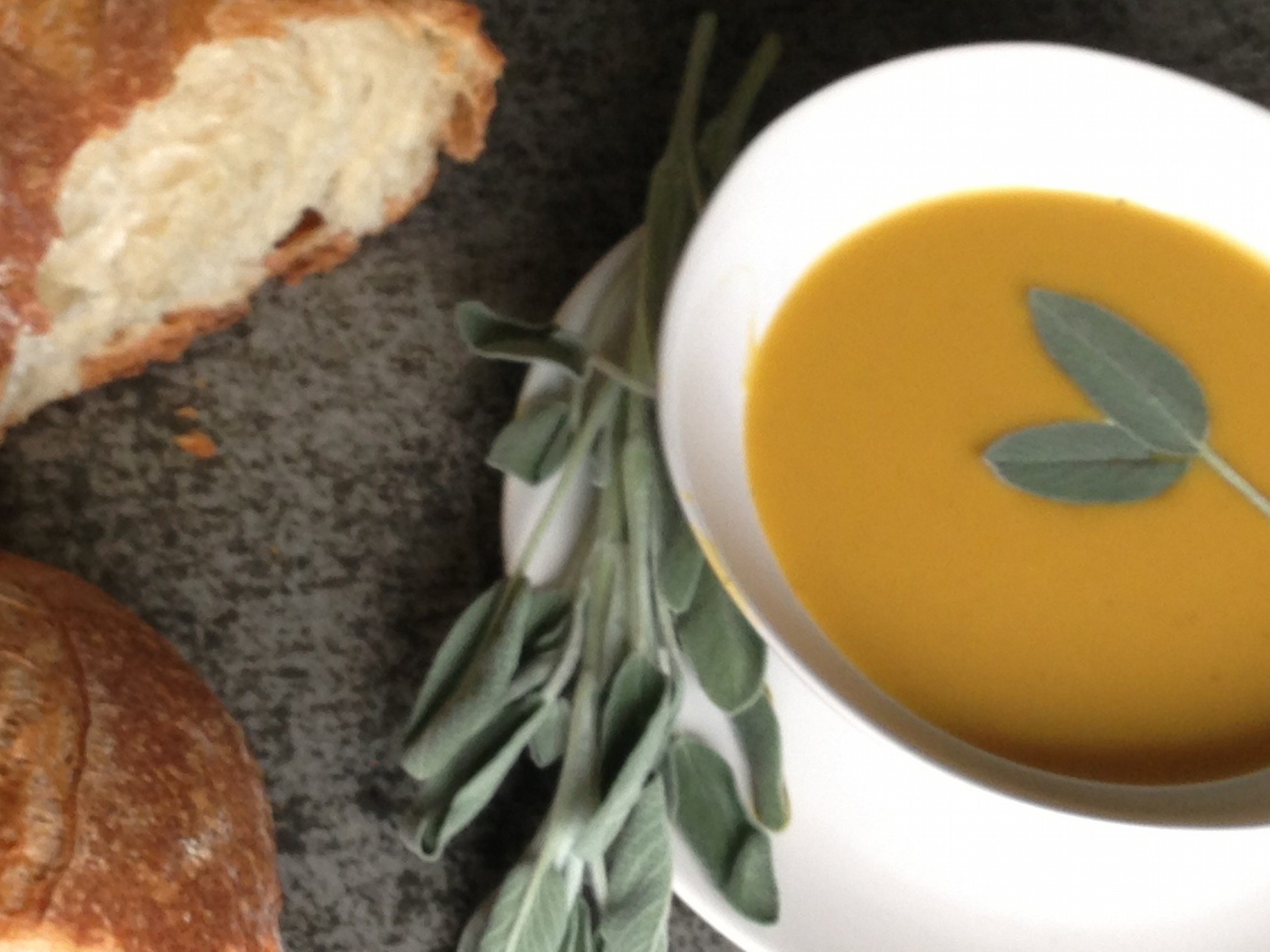 Anotrher one of Juan's great fresh soups; vegetarian baked butternut squash & sage soup with LePanier fresh baked baguette on the side